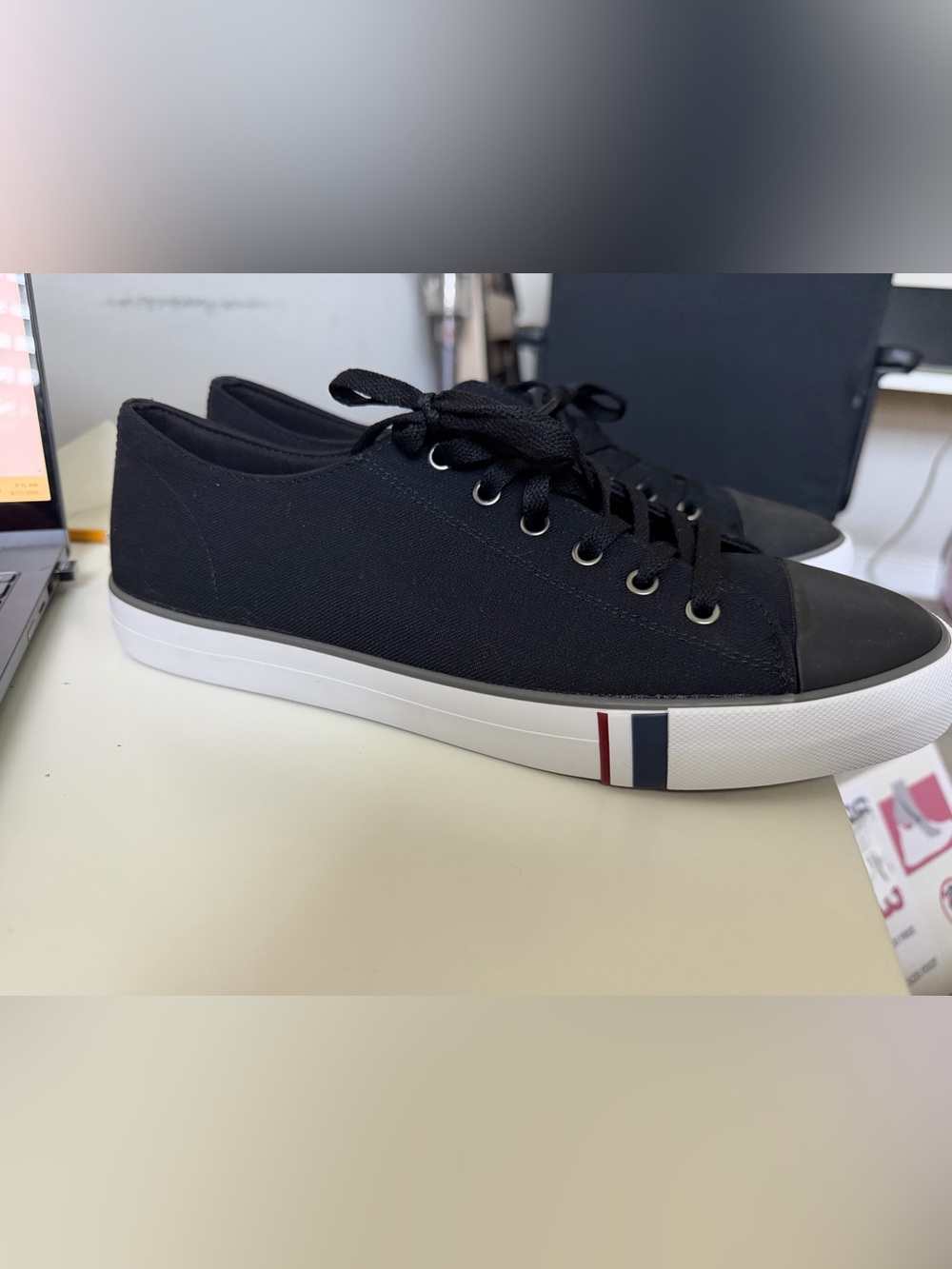 Ben Sherman Black Canvas Low-Top Sneakers with Red & Blue Stripe